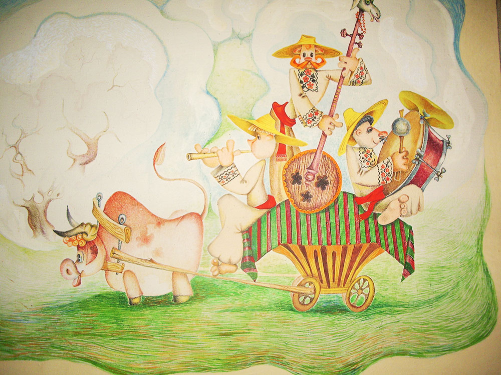 Ескiз до концертного номера «Троїстi музики». 1981. Папір, акварель